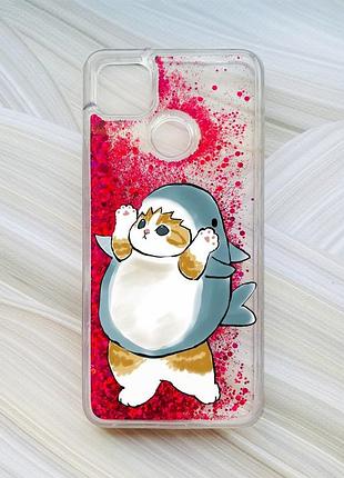 Чехол с плавающими блестками на xiaomi redmi 9c / 10a розовый :: котенок акула (принт 379)
