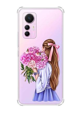 Чохол з потовщеними кутами на xiaomi 12 lite :: дівчина з півоніями (принт 11)
