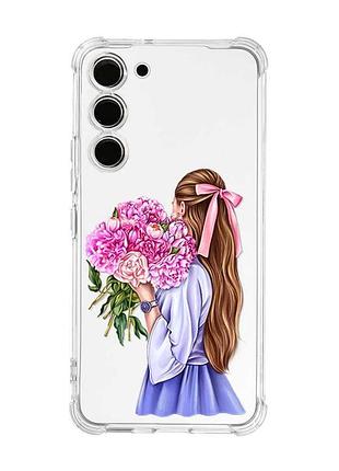Чохол з потовщеними кутами на samsung galaxy s23 :: дівчина з півоніями (принт 11)