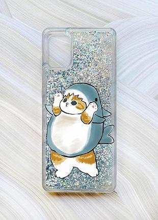 Чохол з плаваючими блискітками на samsung galaxy a31 сріблястий :: котик акула (принт 379)