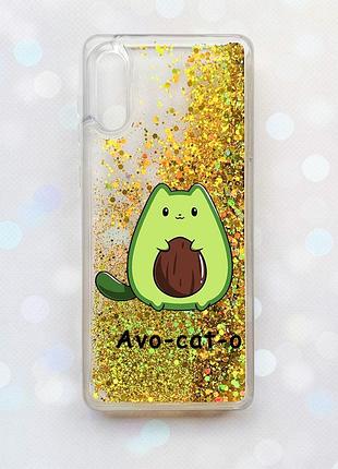 Чехол с плавающими блестками на samsung galaxy a02 / a022 (2021) золотой :: котик авокадо (принт 306)