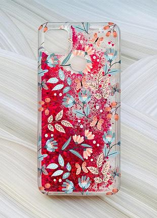 Чехол с плавающими блестками на xiaomi redmi 9c / 10a розовый :: цветочный фон (принт 370)