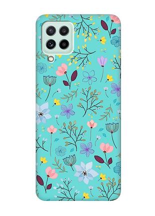 Матовый бирюзовый чехол на samsung galaxy m32/m22/a22 4g :: цветочный фон (принт 267)
