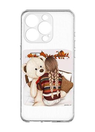 Прозрачный чехол с защитой камеры на iphone 15 pro :: девочка с мишкой (принт 117)
