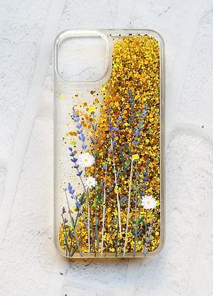 Чохол із плаваючими блискітками на iphone 13 золотий :: польові квіти (принт 270)