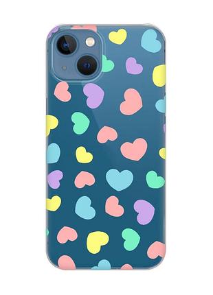 Прозрачный чехол на iphone 13 :: разноцветные сердечка (принт 335)