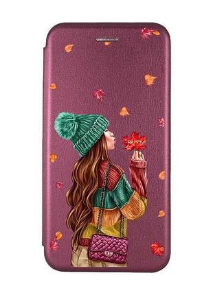 Чохол-книжка з малюнком для iphone 7, 8 бордовий :: дівчина з листям (принт 221)