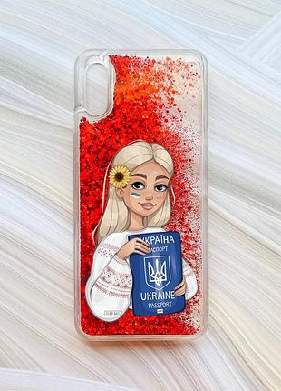 Чехол с плавающими блестками на xiaomi redmi 9a красный девушка с паспортом (принт 13)