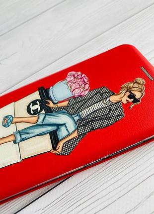 Чехол-книжка с рисунком для xiaomi redmi note 8 pro красный :: девушка на кофе (принт 228) 2