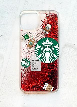 Чехол с плавающими блестками на iphone 14 красный :: кофе (принт 388)