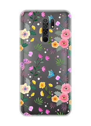Прозрачный чехол на xiaomi redmi 9 :: цветочный фон (принт 369)