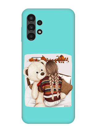 Матовый бирюзовый чехол на samsung galaxy a13 4g :: девочка с мишкой (принт 117)