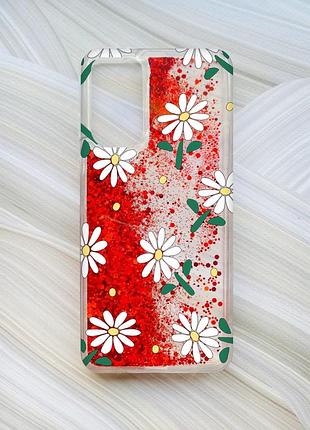 Чехол с плавающими красными блестками на xiaomi redmi note 11 ромашки (принт 368)