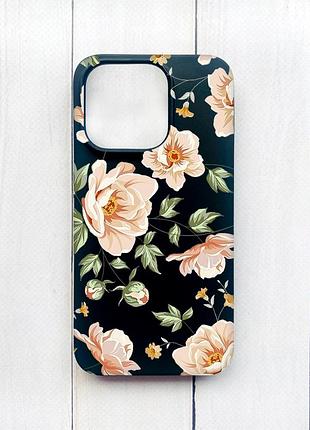 Матовый чехол на iphone 15 plus черный :: цветы пастельные (принт 277)