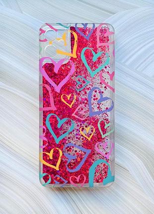 Чохол з плаваючими блискітками на samsung galaxy a05 (a055) рожевий сердечка (принт 332)