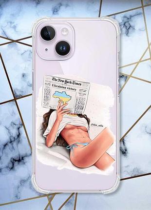 Прозорий чохол із потовщеними кутами на iphone 14 дівчина з газетою (принт 31)
