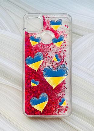 Чехол с плавающими блестками на xiaomi redmi 9c / 10a розовый сердечка. украина (принт 258)
