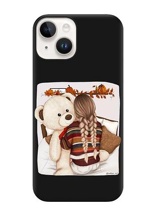 Матовый черный чехол на apple iphone 14 :: девочка с мишкой (принт 117)