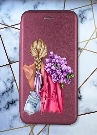 Чехол-книжка с рисунком для samsung galaxy a02s бордовый :: девушка с сиренью (принт 7)