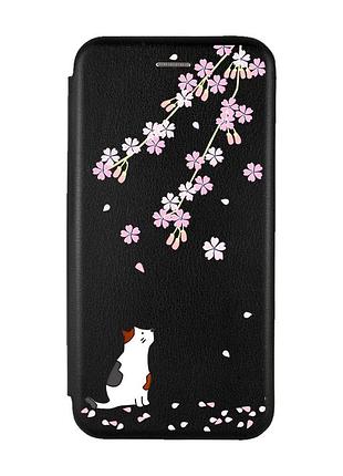 Чехол-книжка с рисунком для xiaomi redmi 9c/10a черный :: котик и сакура (принт 283)