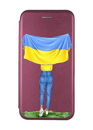 Чохол-книжка з малюнком для iphone 7, 8 бордовий :: дівчина з прапором (принт 263)