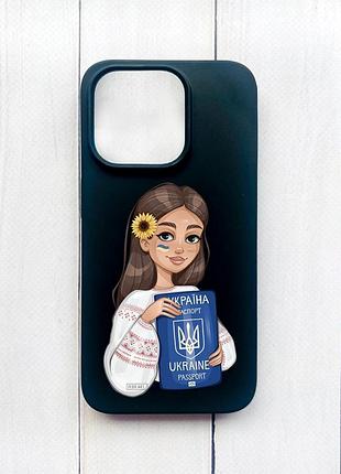 Матовий чохол на iphone 15 plus чорний дівчина з паспортом (принт 12)