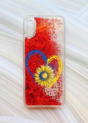 Чехол с плавающими блестками на xiaomi redmi 9a красный сердце и подсолнух (принт 260)