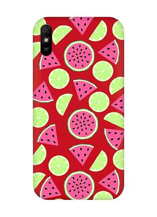 Матовый красный чехол на xiaomi redmi 9a :: арбузы и лайм (принт 345)