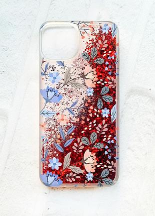 Чехол с плавающими блестками на iphone 13 красный :: цветочный фон (принт 371)