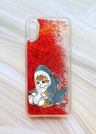 Чехол с плавающими блестками на xiaomi redmi 9a красный котёнок (принт 120)