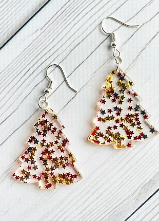 Серьги ёлочка с блёстками звёздочками