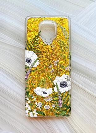 Чехол с плавающими блестками на xiaomi redmi note 9 pro/9s/9 pro max золотой :: цветы полевые (принт 363)