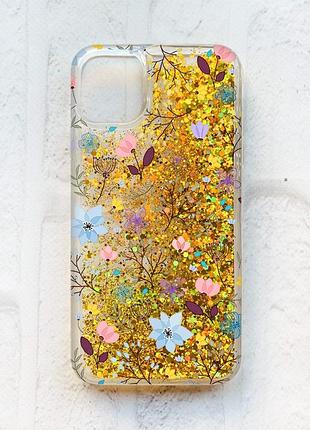 Чехол с плавающими блестками на iphone 11 :: золотой :: цветочный фон (принт 267)
