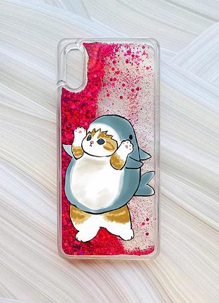 Чехол с плавающими блестками на xiaomi redmi 9a розовый :: котенок акула (принт 379)