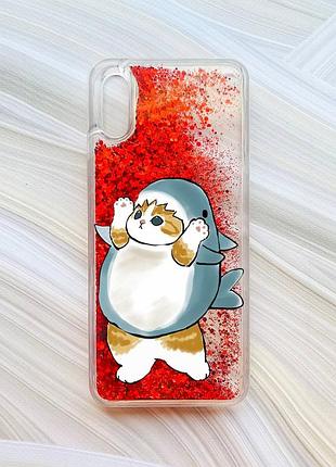 Чехол с плавающими блестками на xiaomi redmi 9a красный :: котенок акула (принт 379)