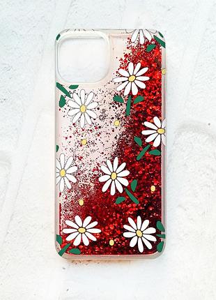 Чохол із плаваючими блискітками на iphone 13 червоний :: ромашки (принт 368)
