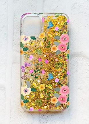 Чохол із плаваючими блискітками на iphone 11 золотий :: квітковий фон (принт 369)