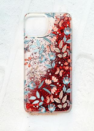 Чехол с плавающими блестками на iphone 14 красный :: цветочный фон (принт 370)