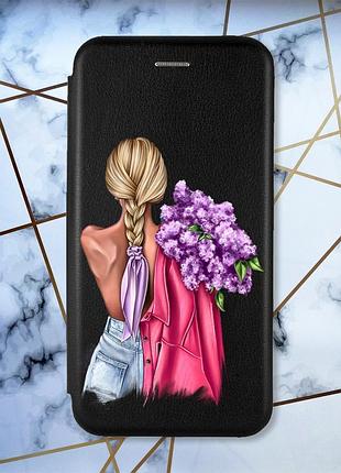 Чохол-книжка з малюнком на xiaomi redmi 7 :: чорний :: дівчина з бузком /принт 7/