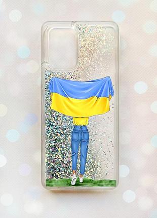 Чохол з плаваючими блискітками на oppo a74 срібний :: дівчина з прапором (принт 263)