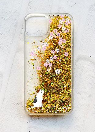 Чохол із плаваючими блискітками на iphone 13 золотий :: котик і сакура (принт 283)