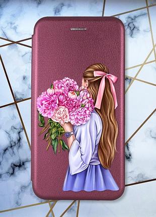 Чохол-книжка з малюнком для xiaomi redmi 9а бордовий :: дівчина з півоніями (принт 11)