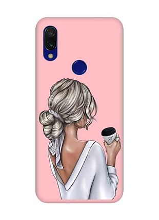 Матовый чехол с розовыми боками на xiaomi redmi 7 :: девушка с латте /принт 227/