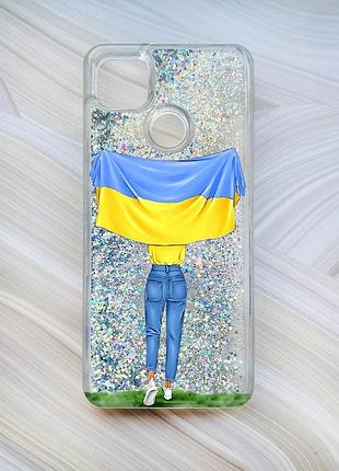 Чехол с плавающими блестками для xiaomi redmi 9c / 10a серебро девушка с флагом (принт 263)
