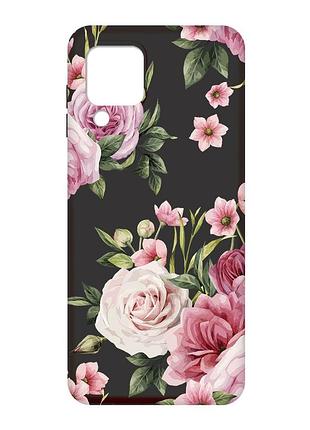 Матовий чорний чохол на samsung galaxy m32 / a22 / m22 4g :: рожеві квіти (принт 287)