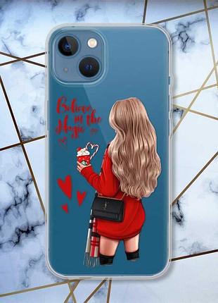 Прозрачный чехол на iphone 13 :: девушка с кофе (принт 137)