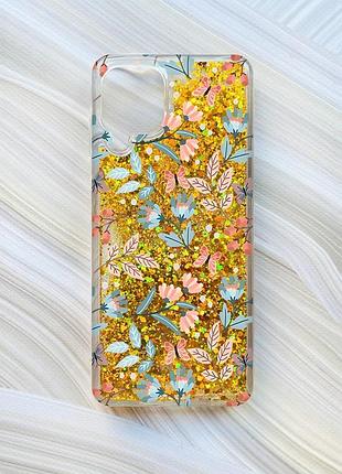Чехол с плавающими блестками на samsung galaxy a22 4g/m22/m32 золотой :: цветочный фон (принт 370)