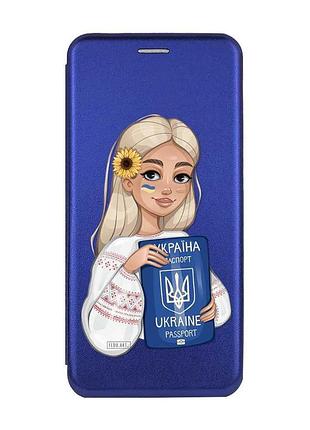 Чехол-книжка с рисунком для xiaomi redmi note 13 pro 4g синий :: девушка с паспортом (принт 13)
