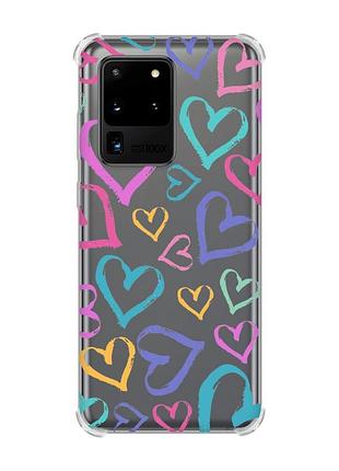 Чохол з потовщеними кутами на samsung galaxy s20 ultra :: різнокольорові сердечка (принт 332)