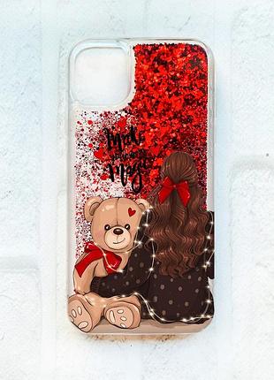 Чехол с плавающими блестками на iphone 11 :: красный :: девушка с мишкой (принт 188)